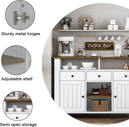 4ever2buy White Coffee Bar Cabinet with Storage, 47'' Kitchen Buffet Storage Cabinet with 3 Drawers and 2 Doors, Farmhouse Coffee Bar with Open Shelf, Coffee Bar Table for Living Room