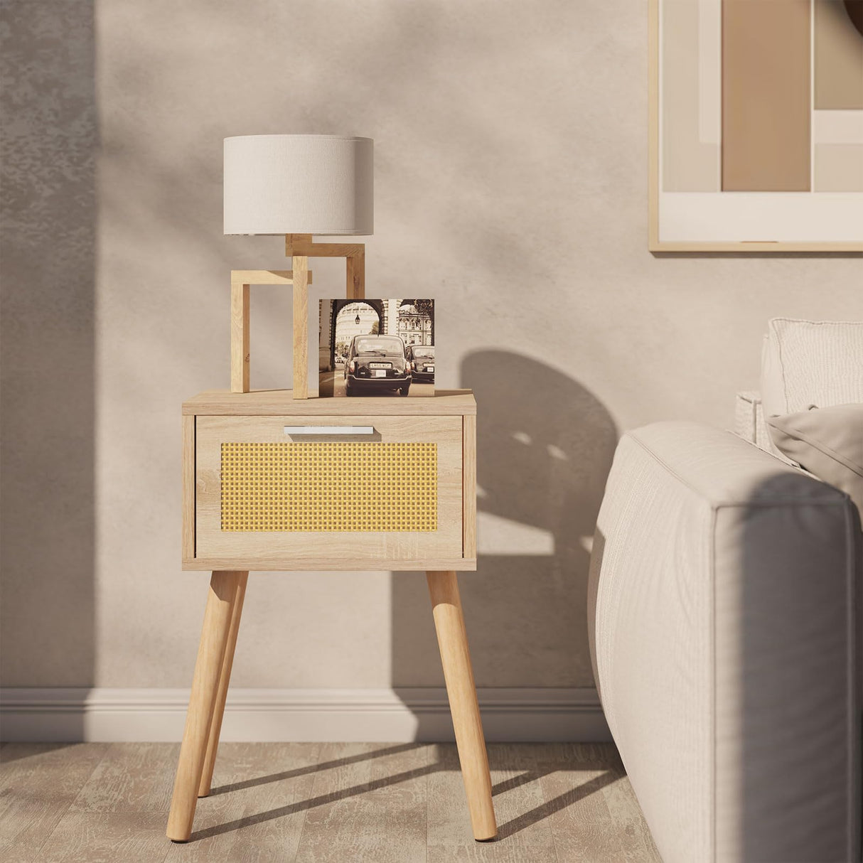 YMYNY Nightstand Set of 2, End Table, Small Bedside Table, Handmade Rattan Decorated Drawer, Solid Wood Legs, Modern Side Table for Bedroom and Small Spaces, Natural UHST010N-2 YMYNY