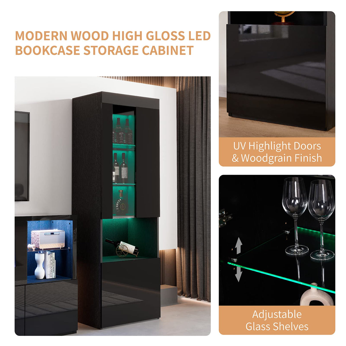 AMERLIFE 3 Piece Modern High Gloss Fireplace TV Stand + Bookcase Set for Living Room Includes 68" TV Stand with 40" Fireplace, 2 X Bookcase Storage Cabinet with Doors & 20 Colors LED Lights, Black AMERLIFE