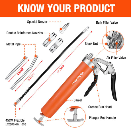 ValueMax Grease Gun, 6000PSI Heavy Duty Grease Gun Kit with 18inch Flexible Hose, 2 Extension Rigid Pipe, 2 Reinforced Couplers and 1 Special Sharp Nozzle, 14oz Load Capacity ValueMax