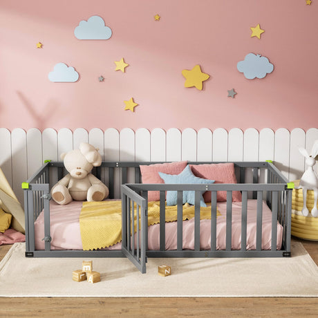 ROOMTEC Twin Size Montessori Floor Bed - Solid Wood Toddler Bed Frame with Convertible Door and Safety Fence in Grey ROOMTEC