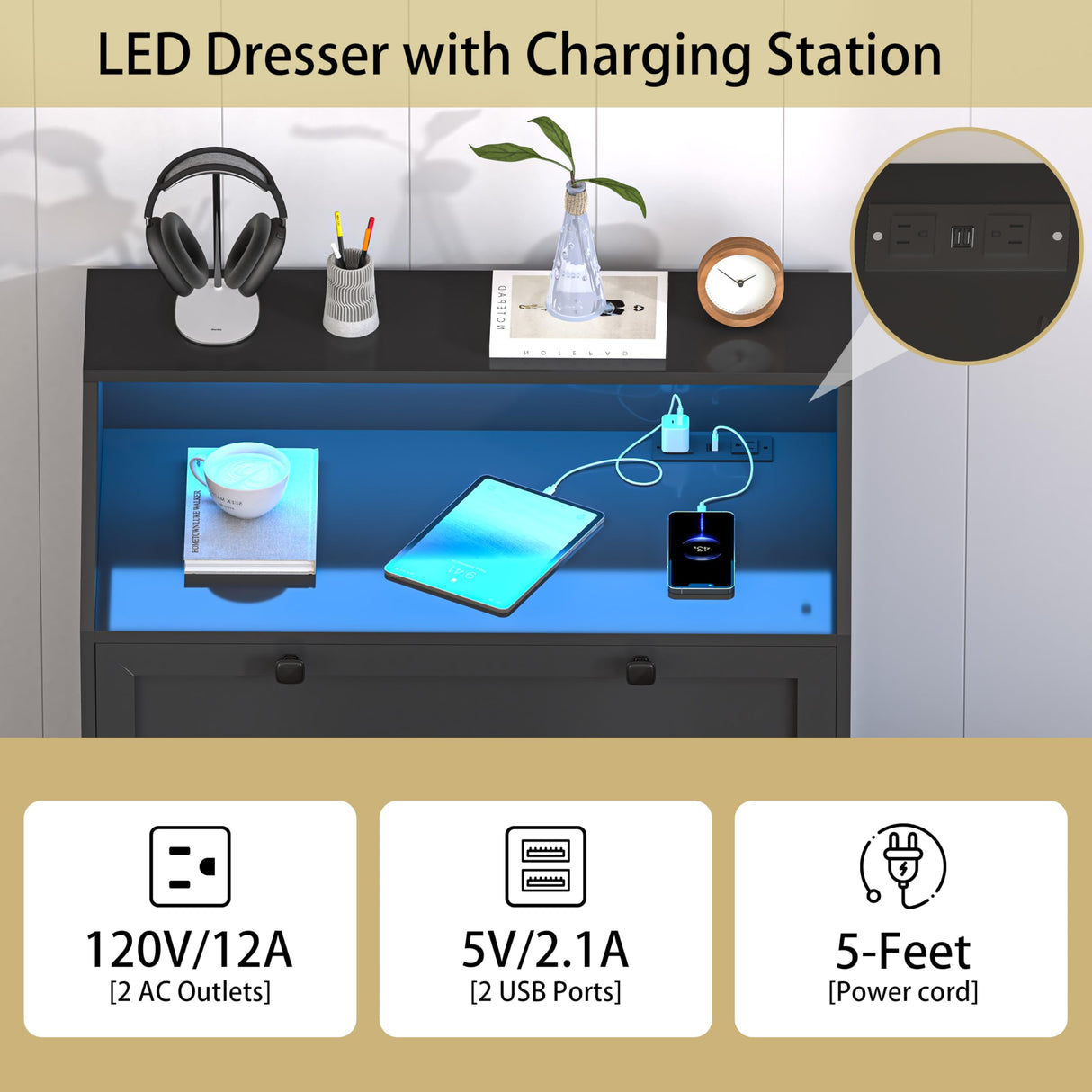 Wodeer Black Dresser Tall 5 Drawer Dresser for Bedroom, Wood Chest of Drawers with LED Lights, Charging Station, Metal Handles, Modern Storage Cabinet and Organizer Drawers for Living Room, Hallway Wodeer