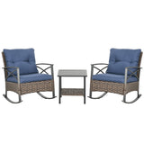 Outsunny 3 Piece Patio Rocking Chair Set, Outdoor Wicker Bistro Set with 2 Cushioned Porch Rockers and 2 Tier Coffee Table for Garden, Porch, Backyard, Dark Blue Outsunny