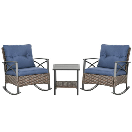 Outsunny 3 Piece Patio Rocking Chair Set, Outdoor Wicker Bistro Set with 2 Cushioned Porch Rockers and 2 Tier Coffee Table for Garden, Porch, Backyard, Dark Blue Outsunny