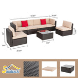 Shintenchi 7 Pieces Patio Furniture Sets Outdoor All-Weather Sectional Patio Sofa Set PE Rattan Manual Weaving Wicker Patio Conversation Set with Glass Table&Ottoman Cushion and Red Pillows, Beige Shintenchi