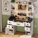 Tiptiper Farmhouse Vanity with Touch Screen Mirror & Time Display, Large Makeup Vanity with Charging Station, Vanity Desk with Mirror and RGB Lights, Makeup Desk with 5 Drawers, White & Black Tiptiper