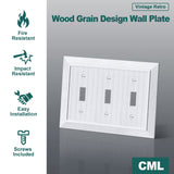 CML Classic Triple Toggle Switch Wall Plate, 3-Gang Outlet Cover, 2 Pack, Vintage Retro Wood Grain Design Beadboard Wallplate, Impact Resistant, Standard Size 6.87”X 4.87”, White CML Hardware