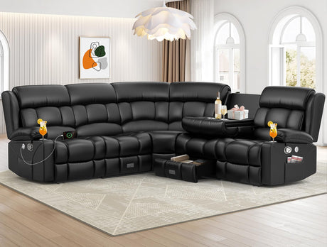 Dresegmt Recliner Sectional Sofa, 5 Seat L-Shaped Manual Reclining with Flip Middle Backrest Design, Large Storage Drawer, USB Ports, Sofa Couch for Home Theater (Black) Dresegmt