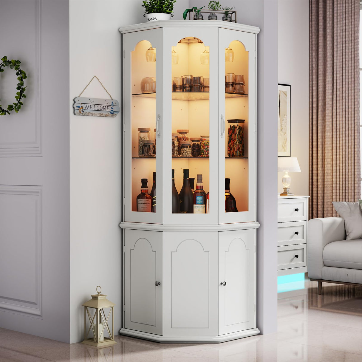 Gyfimoie Corner Bar Cabinet w/LED Lights, Tall Modern Wine Cabinet with Tempered Glass Door & Adjustable Shelves, Home Bar Liquor Storage Cabinet with Glass Rack for Living Room, Dining Room (White) Gyfimoie