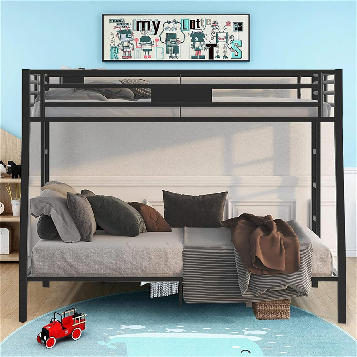 DOONREXS Upgraded Version Thicken Metal Full XL Over Queen Bunk Bed, Heavy Duty Stronger Steel Bunk Beds Full XL Over Queen Size with Ladders and Safety Guard Rail, Easy Assembly (Full XL Over Queen) WoodArtSupply