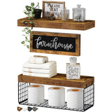 QEEIG ‎Bathroom Shelves Over Toilet - Paper Storage Wall Mounted Farmhouse Decor Decorations Aesthetic Décor Sign Small Floating Wall Shelf 2+1 Set 16 inch Farmhouse, Rustic Brown (020BN-FH) QEEIG