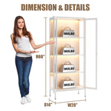 Glass Display Cabinet with LED Lights, White Curio Glass Showcase, 66" Tall Metal Storage Cabinet with Doors and Adjustable Shelves, 3 Color Lighted Display Case for Living Room, Hallway, Pantry MetalMax