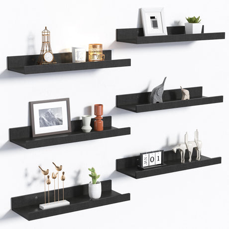 upsimples Floating Shelves for Wall, Wall Shelves for Decor Storage Set of 6, Wall Mounted Wood Shelves for Bedroom, Living Room, Bathroom, Kitchen, Picture Ledge Shelves, Black upsimples