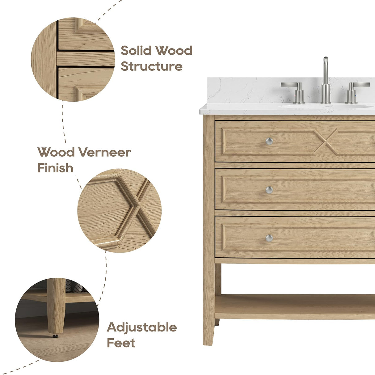 DELUXE LIVING 36 Inch Bathroom Vanity with Ceramic Sink,Fully Assembled Sink Cabinet with Countertop, Wood Frame Vanity with Soft-Closing Drawers & Adjustable Feet, Oak Wood DELUXE LIVING