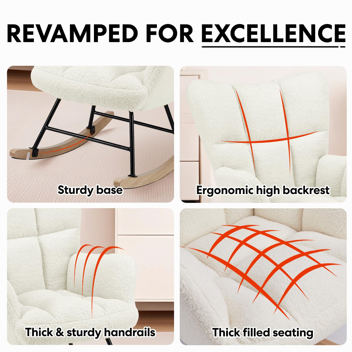 Simple Deluxe Nursery Rocking Chairs, Teddy Upholstered Glider Recliner Rocking Chair with High Backrest Armchair, Comfy Reading Small Accent Side Chair for Nursing, Living Room, Bedroom, White Simple Deluxe