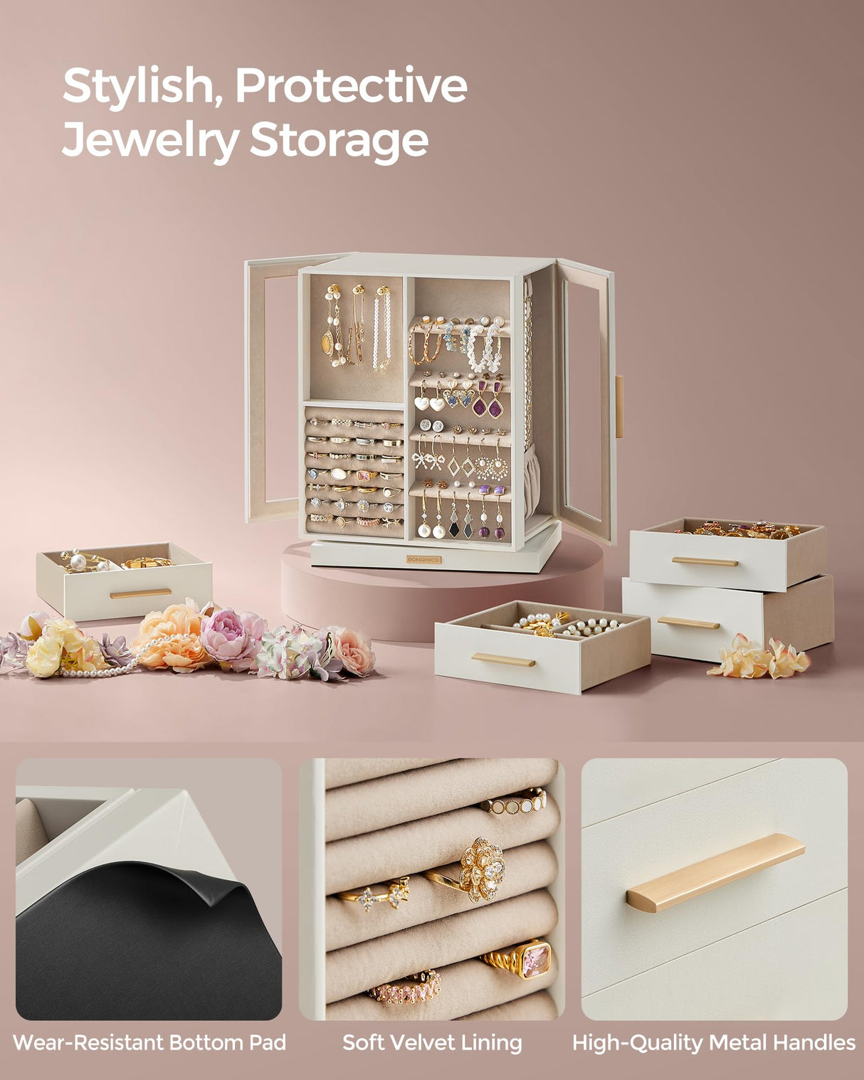 SONGMICS Jewelry Box 360° Rotating, Jewelry Storage Case with 5 Drawers, Jewelry Organizer, Glass Window, Spacious, Vertical Jewelry Storage, Open Design, Great Gift, Cloud White UJBC170W01 SONGMICS