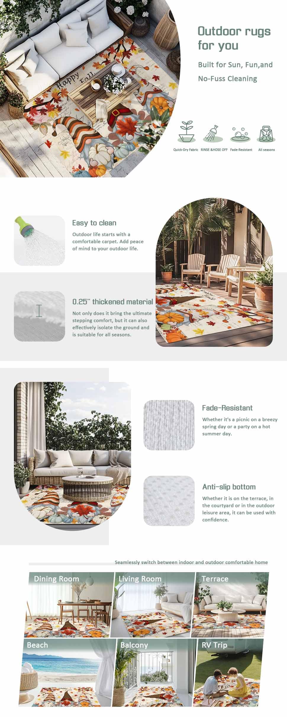 Thanksgiving Gnome Outdoor Rug 6x9ft Dwarf Fall Maple Leaves Pumpkin Retro Letter Waterproof Patio Rugs Lightweight Foldable Outside Large Area Rug Carpet for Porch Deck Balcony Backyard Camper Lkicikik