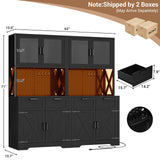 Unikito 71" Tall Kitchen Pantry Storage Cabinet with LED Light & Outlet, 63" Wide Kitchen Hutch Cabinet with Large Countertop, DIY Pegboard and Drawers, Farmhouse Food Pantry for Living Room, Black Unikito