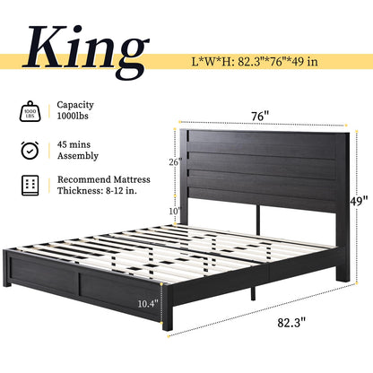 LUXOAK Farmhouse King Bed Frame with 49" Headboard - Stylish Black Wooden Platform Bed, No Box Spring Needed - WoodArtSupply