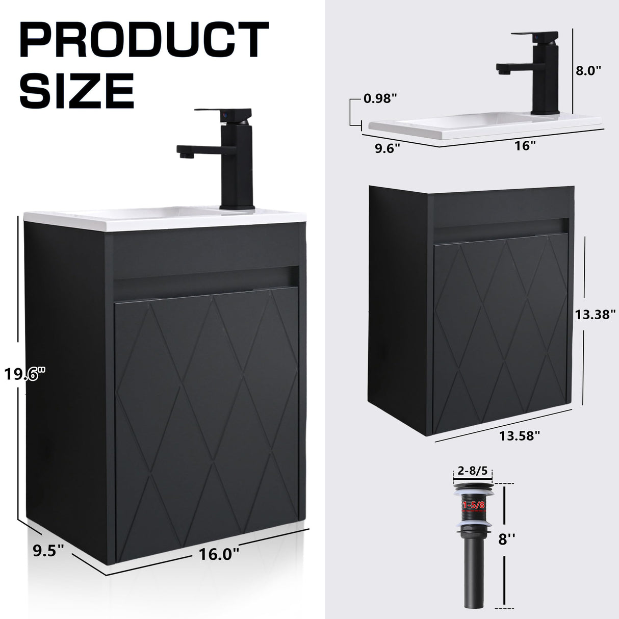 USBATHJOY 16" Bathroom Vanity Sink Combo for Small Space, Wall Mounted Bathroom Cabinet Set with White Resin Basin Sink Top Black Faucet Pop Up Drain Black USBATHJOY