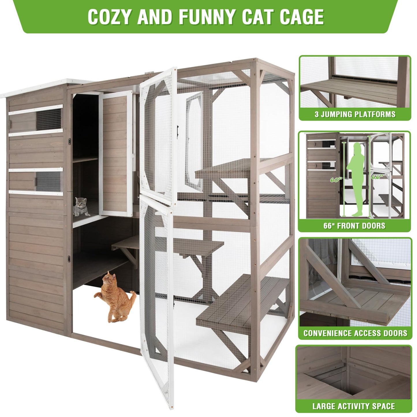 PetsCosset Large Outdoor Catio Cat Enclosures with Hidden Room,4 Story Cat House for Outsider Indoor Cats,Wooden Kitten Cage with Weatherproof Roof,3 Resting Rooms,7 Platforms,2 Open Doors - 77" H