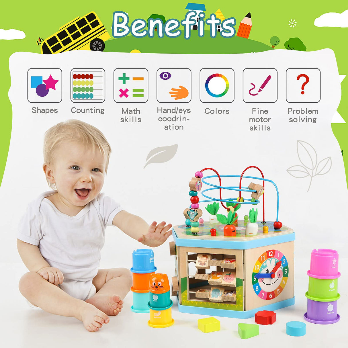Vomocent Wooden Activity Cube for 1 Year Old Kids, Educational Learning Bead Maze for Toddler Age 1-3, Developmental Montessori Toys for 12-36 Months Boys Girls Gift Vomocent