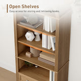 RALGEND Farmhouse Arched Bookshelf, 7 Tiers Arch Bookcase with 2 Spacious Drawers, Modern Book Shelf with Open Display Shelves and Storage Cabinet, for Office, Living Room, Kitchen, Walnut RALGEND