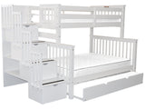 Bedz King Stairway Bunk Beds Twin over Full with 4 Drawers in the Steps and a Full Trundle, White Bedz King