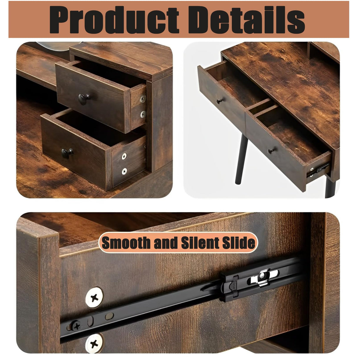 walkclpck Vanity Desk with Mirror and Lights, Makeup Vanity with 4 Drawers Small Vanity with 3 Storage Shelves, Wood Vanity for Bedroom Dressing Room Makeup Studio, Brown walkclpck