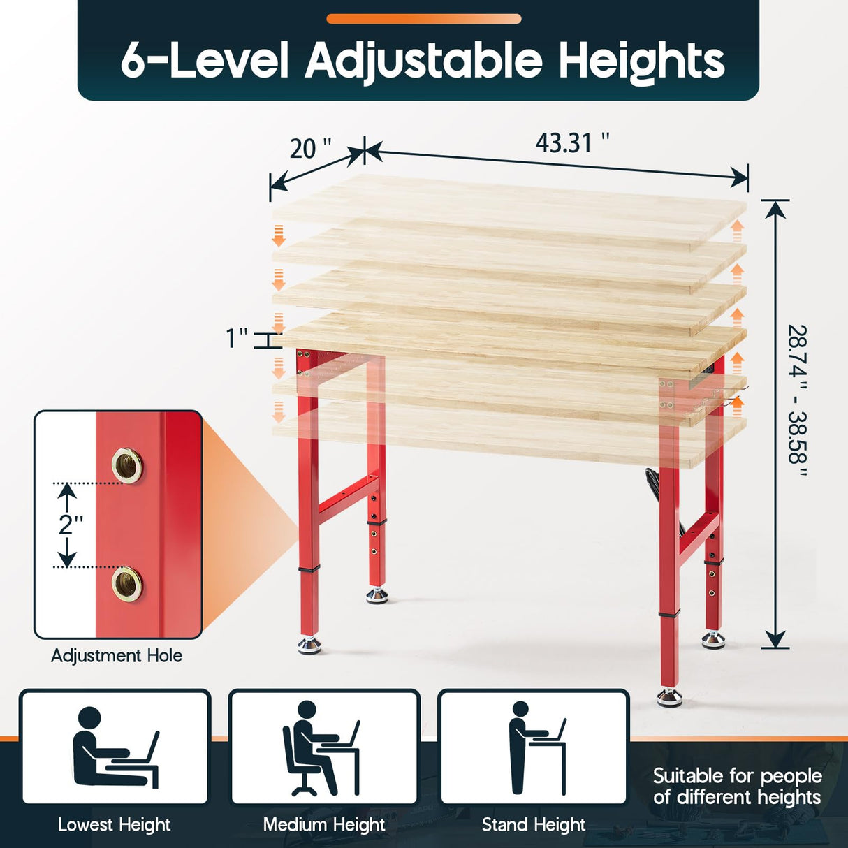 Albott Adjustable Workbench, 28.7-38.6" Height, Rubber Wood Top, Heavy-Duty Design with Power Outlets & Hooks, 2000 LB Capacity for Garage, Workshop, Home, or Office，Red Albott