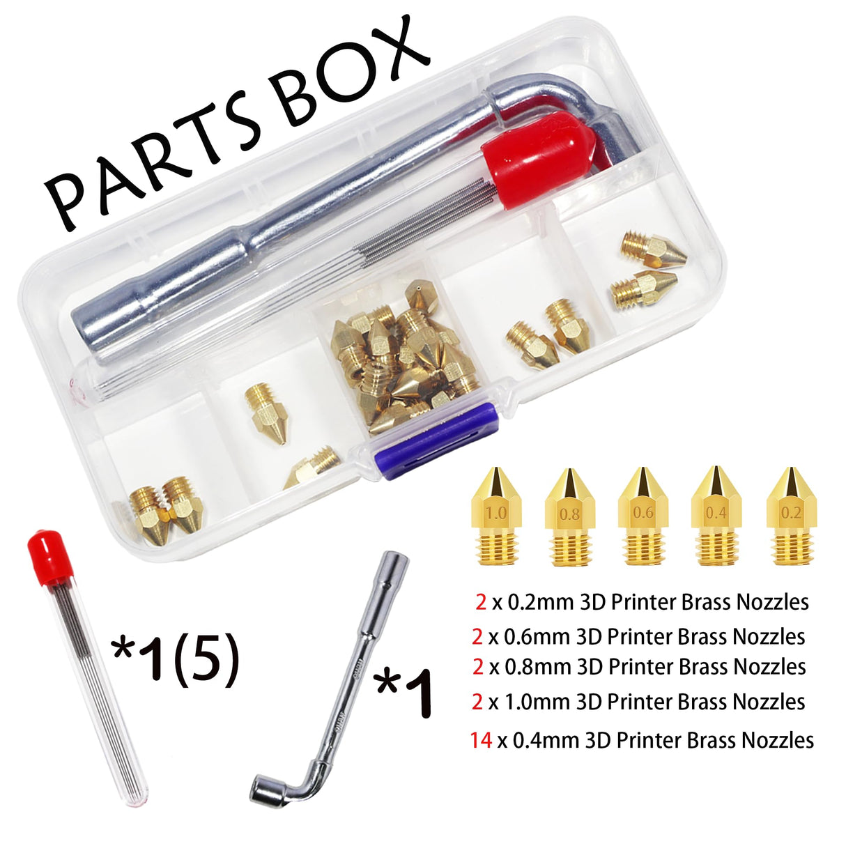 ACROSSXD MK8 Nozzles 22 pcs 3D Printer Brass Nozzles 0.2mm, 0.4mm,0.6mm, 0.8mm, 1.0mm CR-10 Nozzle with DIY Tools and Metal Storage Box for CR-8 / CR-10 / Ender 3 / Ender 3S / 5/6 and so on… ACROSSXD