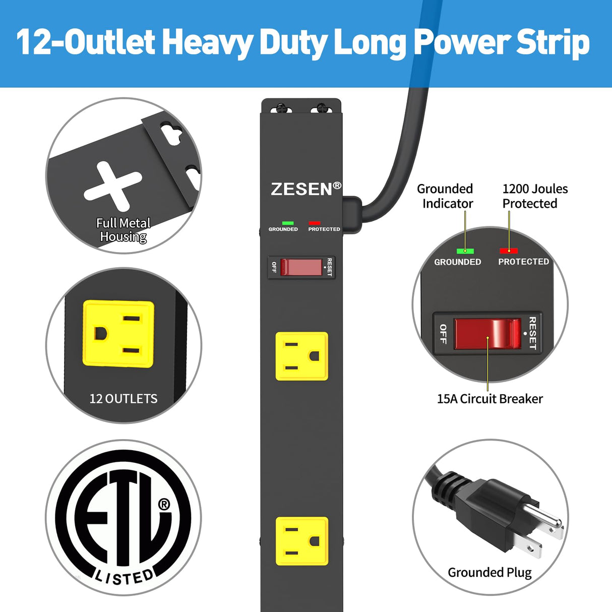ZESEN 12 Outlet Long Power Strip with 6FT Power Cord, Industrial Heavy Duty for Work Bench Shop Garage, 2100 Joules Surge Protector, Wide Spaced Outlet Power Bar, ETL Certified, Black ZESEN