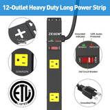 ZESEN 12 Outlet Long Power Strips Heavy Duty Garage Workshop Multi Wide Industrial Power Strip Surge Protector with 4ft Cord, ETL Certified, 1875W, Black ZESEN