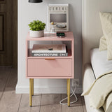 Masupu Nightstand with Charging Station,Mid-Century Modern Bedside Table with Storage Drawer and Open Wood Shelf,Small Gold Frame Side Table for Bedroom,Living Room (Pink) Masupu