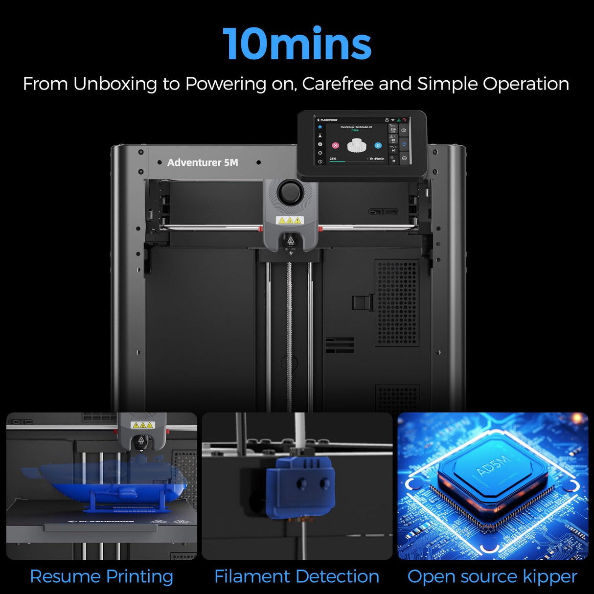 FLASHFORGE Adventurer 5M 3D Printer,600mm/s Max High-Speed FDM 3D Printers with Fully Auto Leveling, 280°C Direct Extruder with Quick Detachable Nozzle, Effective Cooling, Core XY Structure FLASHFORGE