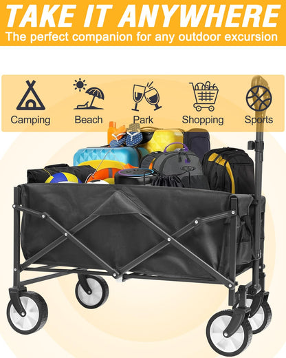 Collapsible Folding Outdoor Utility Wagon, Beach Wagon Cart with All Terrain Wheels & Drink Holders, Portable Sports Wagon for Camping, Shopping, Garden and Beach (Black/1 Year Warrant)