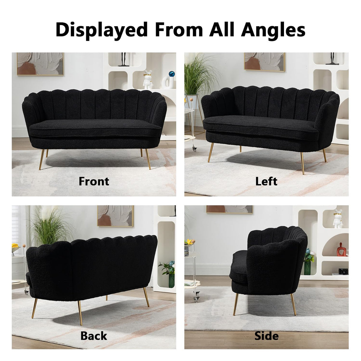 Anwick 59" Small Modern Chenille Loveseat Sofa, 2-Seater Sofa with Gold Metal Legs, Small Couch with Flower Shaped Back for Living Room Bedroom Office (Black) Anwick