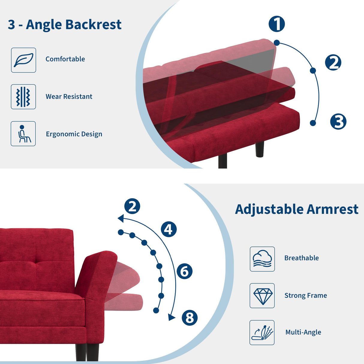 GarveeHome 89" Futon Sofa Bed, Convertible Sleeper Sofa with Adjustable Backrest & Armrest, Modern Futon Couch Bed, Loveseat Sleeper for Living Room Bedroom Apartments, Red GarveeHome