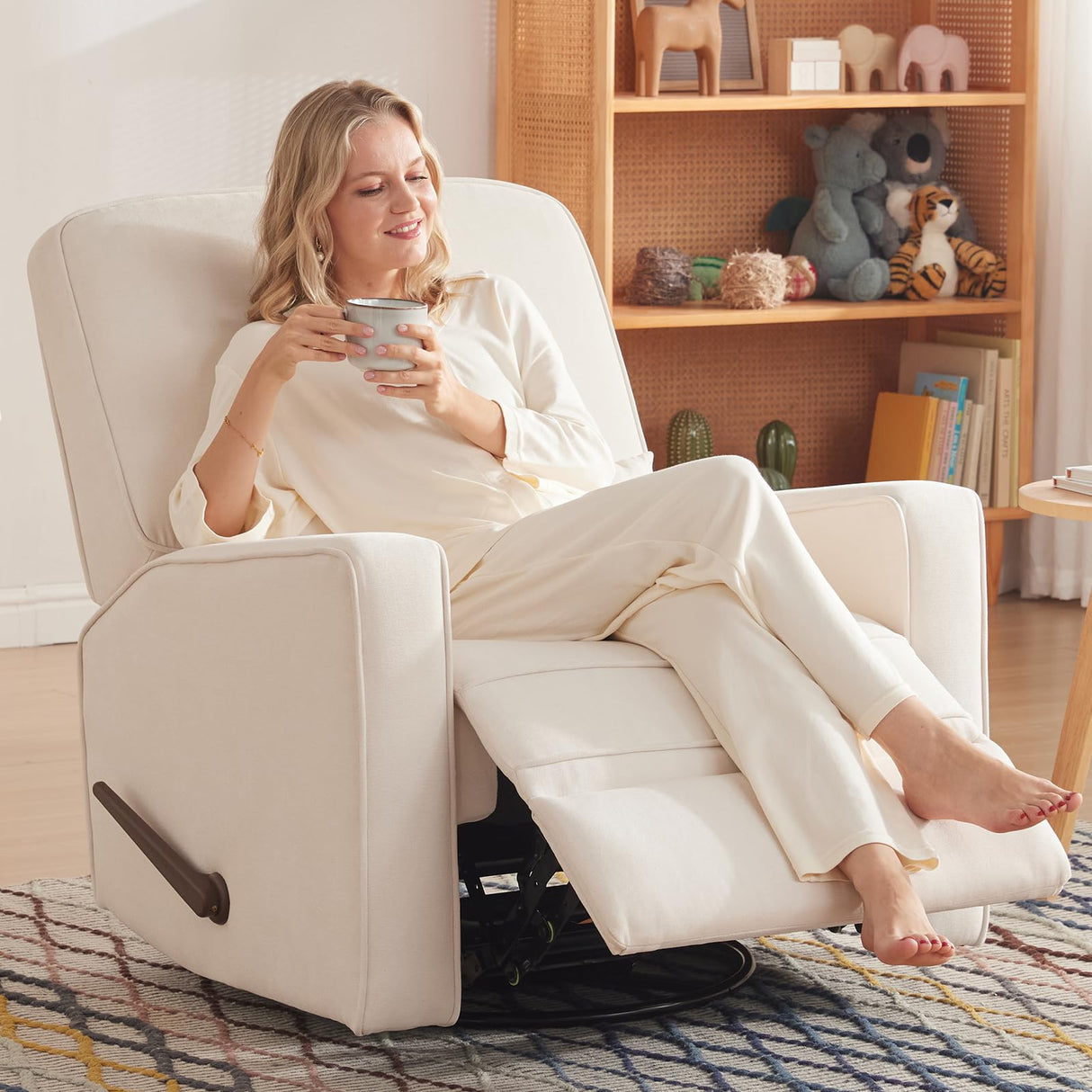 Tbfit 360° Swivel Recliner Chair, Nursery Rocking Chair with Lumbar Support for Bedroom, Comfy Upholstered Armchair with Pillows & Footrest for Living Room, Beige Tbfit