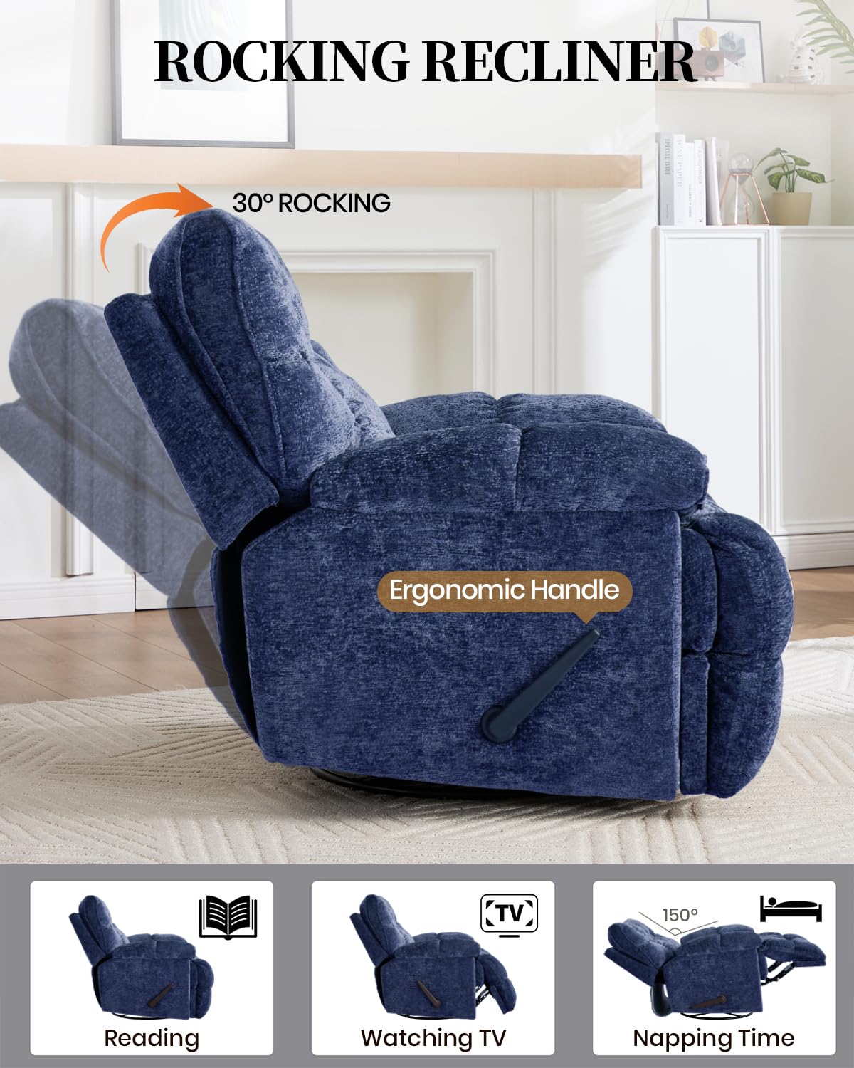 GARTMILAN Oversized Recliner Chair Manual Swivel Rocker Recliner for Living Room Chenille Overstuffed Nursery Reclining Sofa Chair Rocking Recliners for Adults 375lbs (Manual, Blue) GARTMILAN