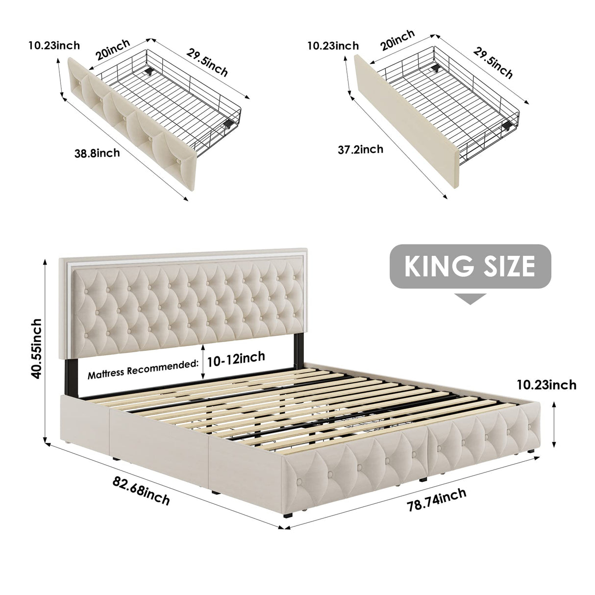 Keyluv King Upholstered LED Bed Frame with 4 Drawers, Velvet Platform Storage Bed with Adjustable Button Tufted Headboard and Solid Wooden Slats Support, No Box Spring Needed, Beige Keyluv