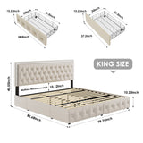 Keyluv King Upholstered LED Bed Frame with 4 Drawers, Velvet Platform Storage Bed with Adjustable Button Tufted Headboard and Solid Wooden Slats Support, No Box Spring Needed, Beige Keyluv