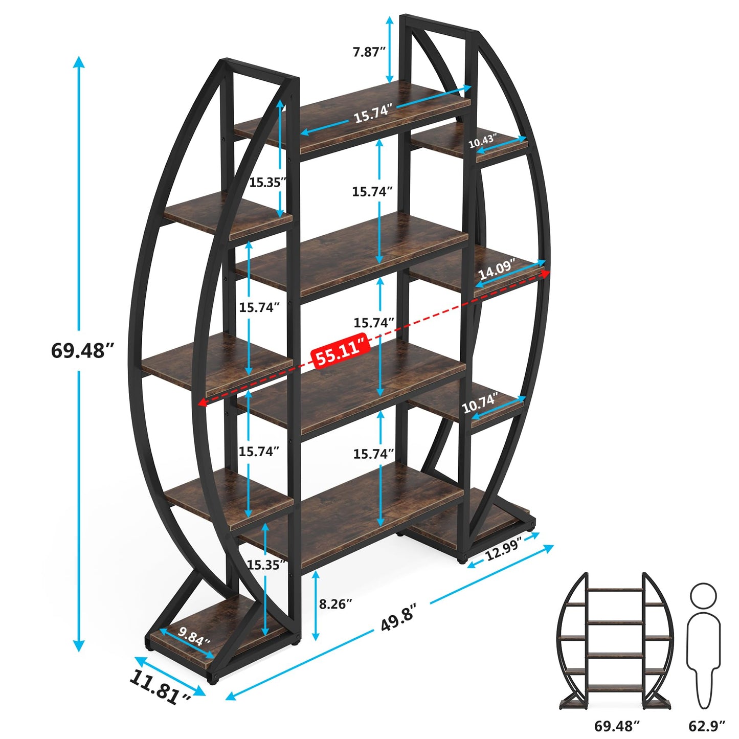 Tribesigns 55" Industrial Oval 5-Tier Bookcase - Triple Wide Etagere in Rustic Brown - WoodArtSupply