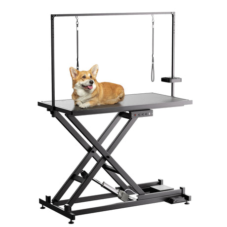 Professional Electric Dog Grooming Table - Heavy Duty, Height Adjustable Pet Grooming Table w/Leveling Wheels, Dog Grooming Arm, Anti Slip Tabletop & Tool Organizer/Dog Grooming Station (50", BLACK) LEHUOCW