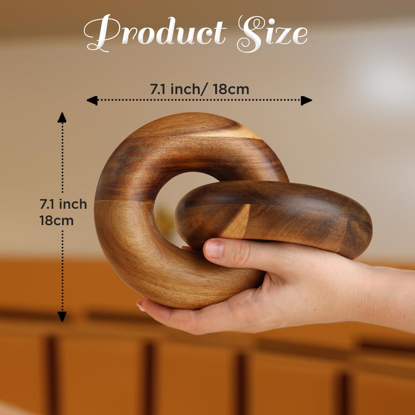 VETELK 2 Link Wood Chain Link Decor Wood Knot Decor for Coffee Table, Living Room, Bookshelf - Hand Carved Farmhouse Decorative Fusion Knots - Boho Acacia Knot Sculpture for Scandirustic Home Accents