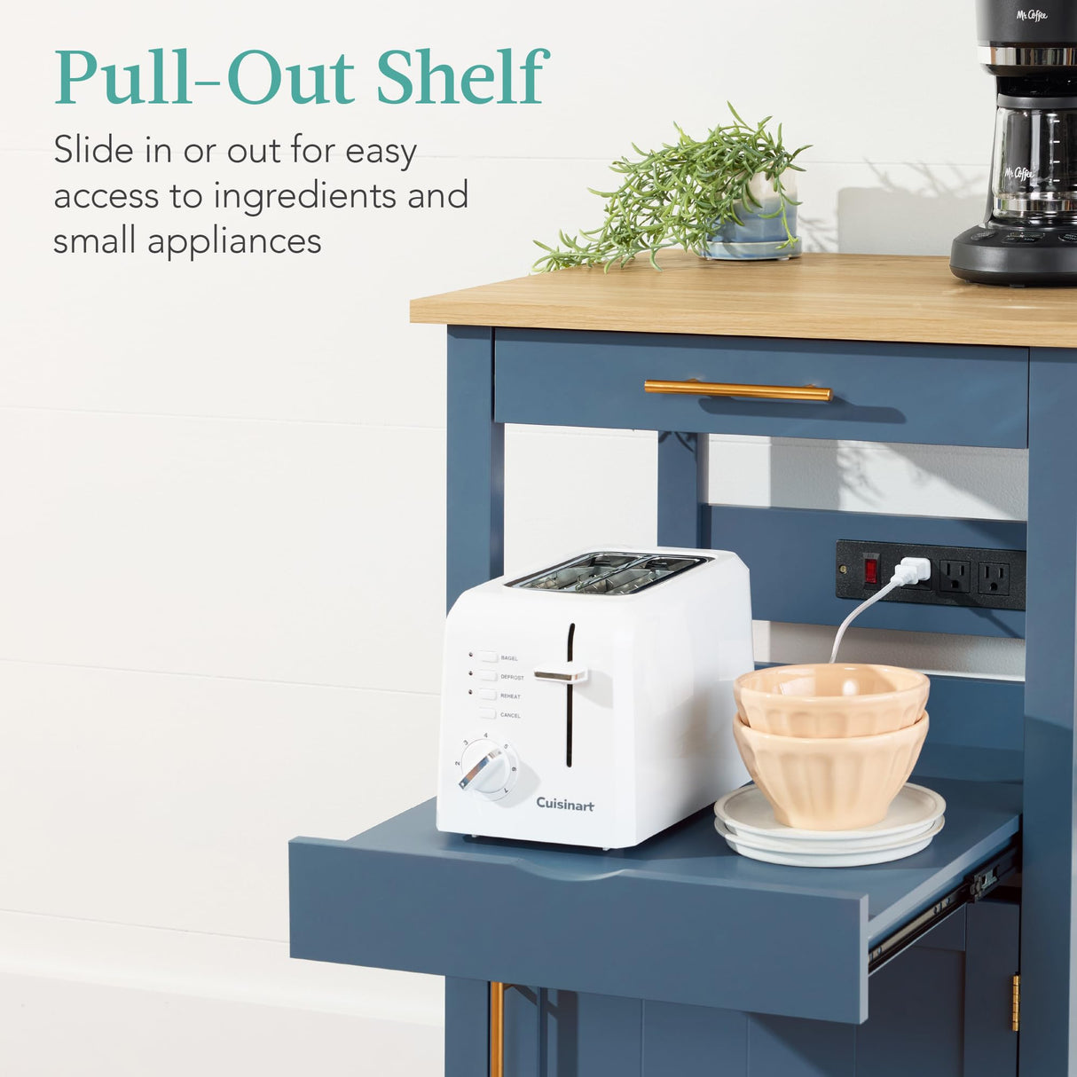 Best Choice Products Rolling Kitchen Island Cart, Single Door Cabinet w/Drawer, Sliding Tray, Hidden Outlet, Hooks, & Lockable Wheels - Slate Blue Best Choice Products