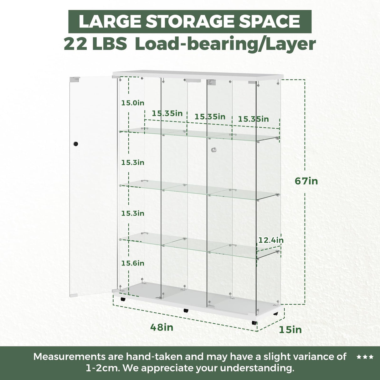 HAMBING Glass Display Cabinet with LED Light & Lock, 4 Shelves 3-Column Display Showcase, 2 Side Doors and Open Center Column, Tempered Glass Curio Cabinet for Bedroom, Living Room - White HAMBING