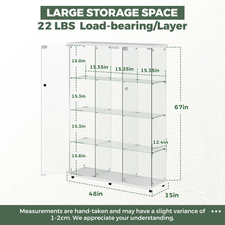 HAMBING Glass Display Cabinet with LED Light & Lock, 4 Shelves 3-Column Display Showcase, 2 Side Doors and Open Center Column, Tempered Glass Curio Cabinet for Bedroom, Living Room - White HAMBING
