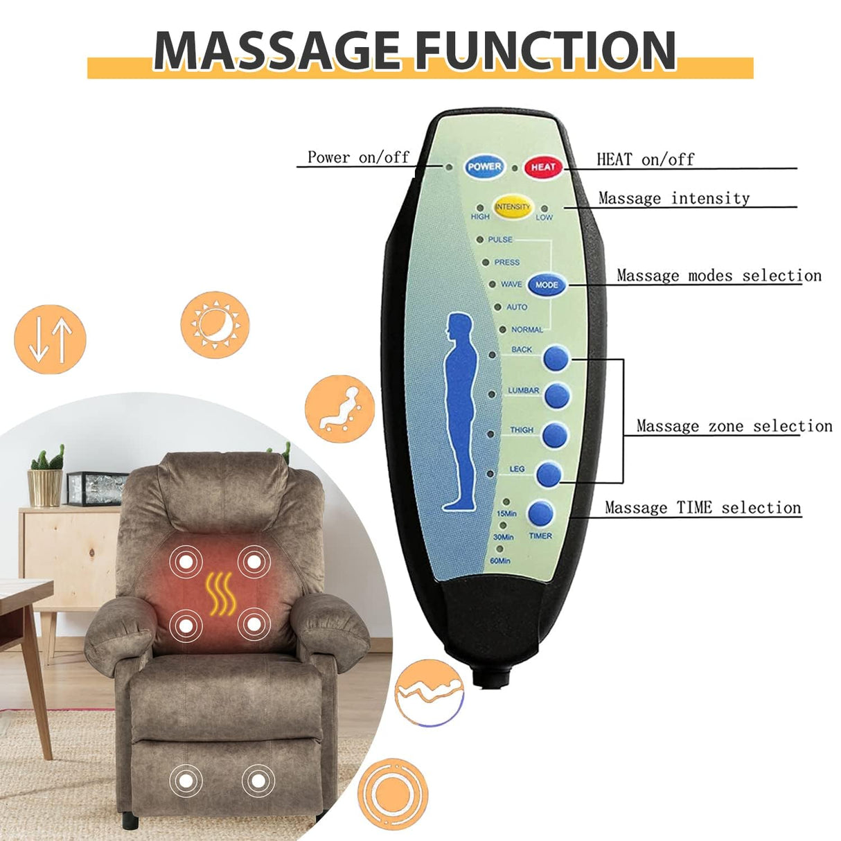 KCREAM Massage Recliner Chair with Heat,Overstuffed Fabric Recliner Chairs with Heating,Small Recliner for Living Room Bedroom, Manual Reclining Single Sofa Recliners Lounge Chair for Adult,Brown KCREAM