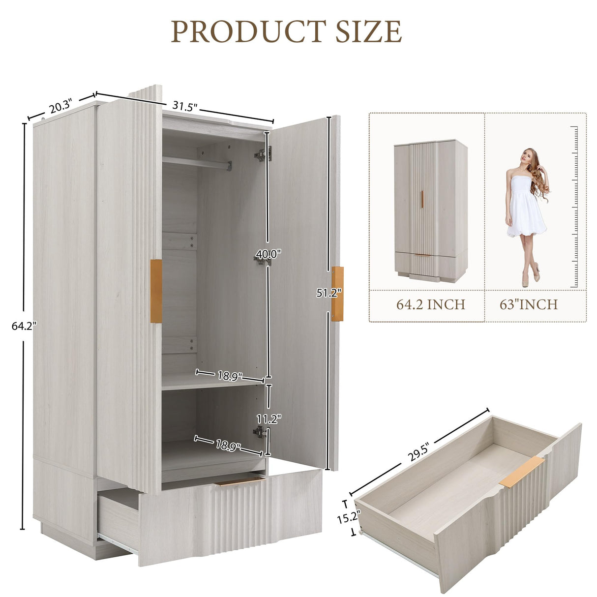 Brafab Armoire Wardrobe Closet, Modern 64.2" Freestanding Closet Wardrobe Cabinet with Drawer and Hanging Rail, Fluted Carved Wooden Storage Cabinet with Shelve for Bedroom, White Brafab